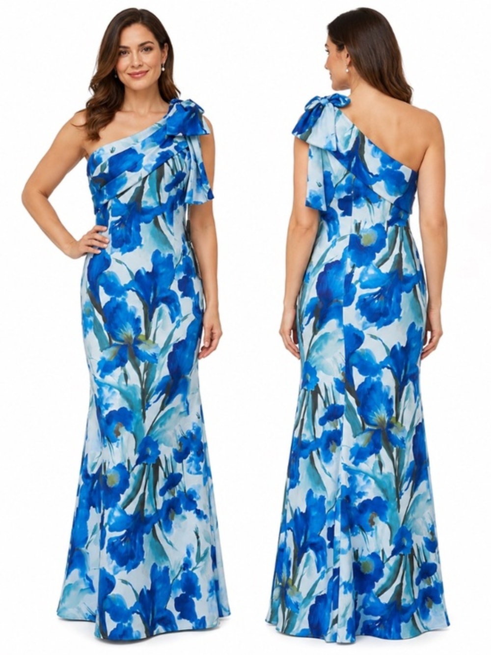 Adrianna Papell - Blue Floral One-Shoulder Bow Scuba Crepe Mermaid Gown